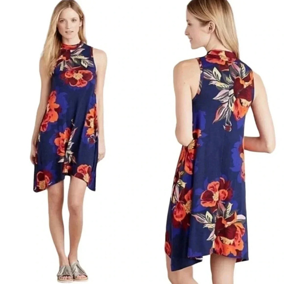 Maeve Anthropologie Navy Floral Sleeveless Mock Neck Swing Dress Size Small - Picture 1 of 9